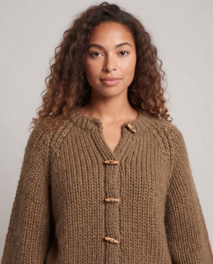 Women's chunky knit short cardigan with toggle buttons and voluminous balloon sleeves Mune Fashion