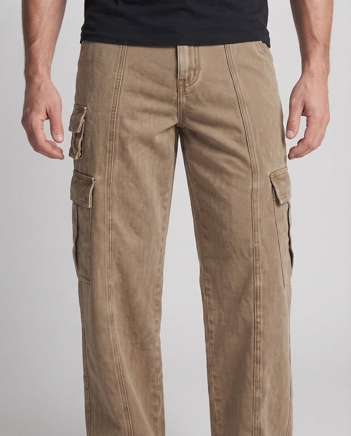 Men's Wide Utility Cargo Palazzo Pants with Multiple Pockets and Visible Quilted Seams Mune Fashion