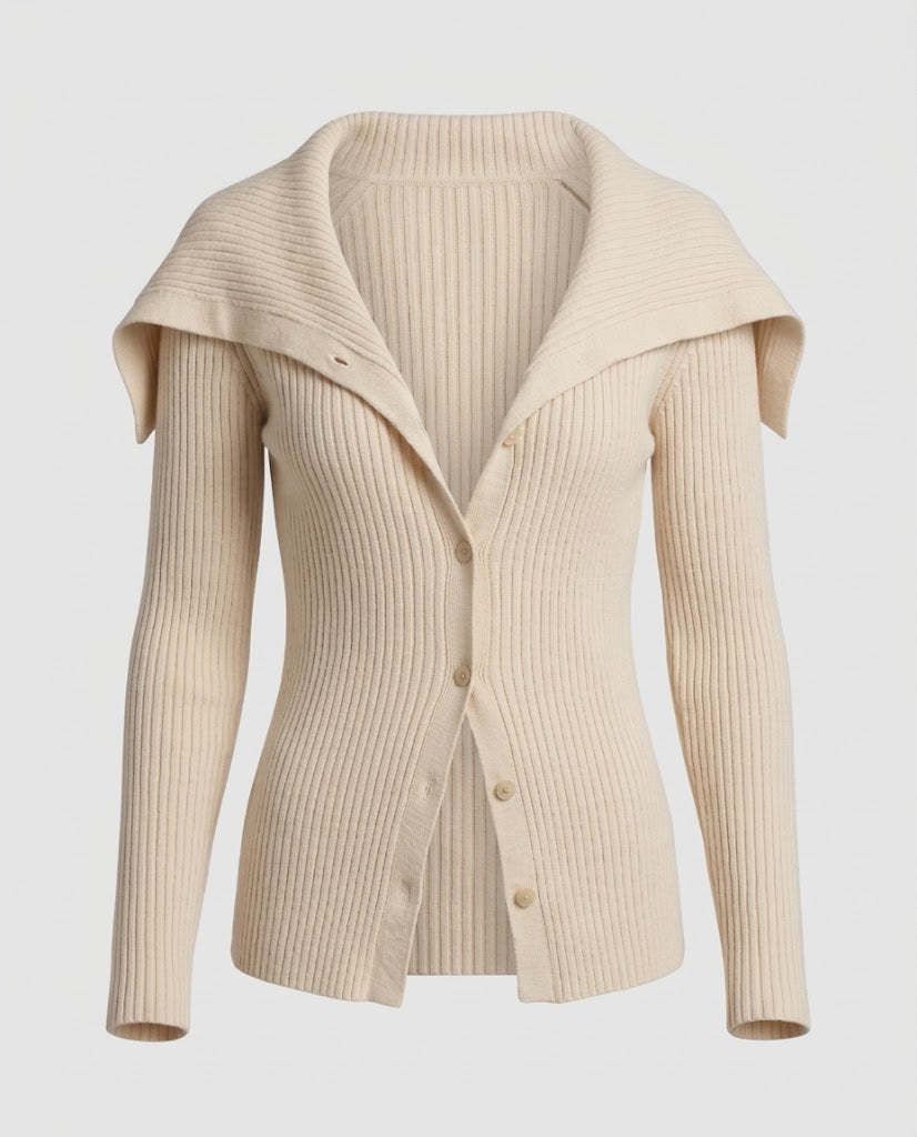 Women Ribbed Knit Cardigan with Fold-Down Shoulder Collar and Button Placket Mune Fashion