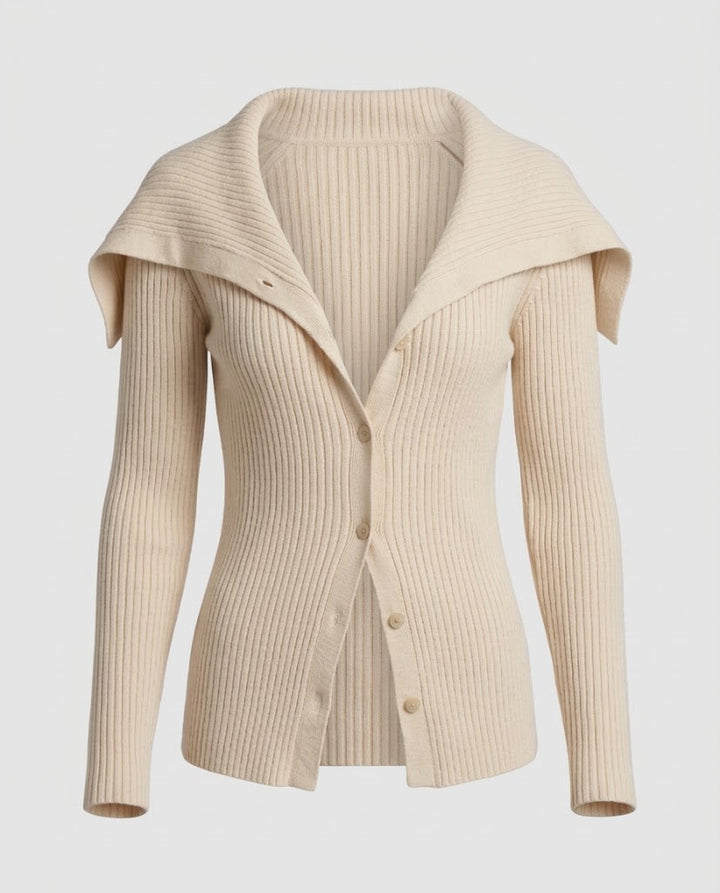 Women Ribbed Knit Cardigan with Fold-Down Shoulder Collar and Button Placket Mune Fashion