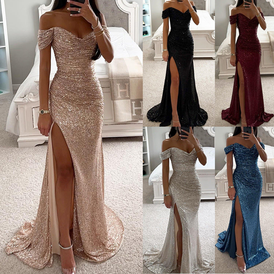 Sparkling Women's Evening Dress Strapless Maxi Dress with Slit for Wedding & Celebration | Mune Fashion