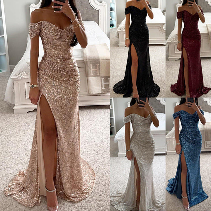Sparkling Women's Evening Dress Strapless Maxi Dress with Slit for Wedding & Celebration | Mune Fashion