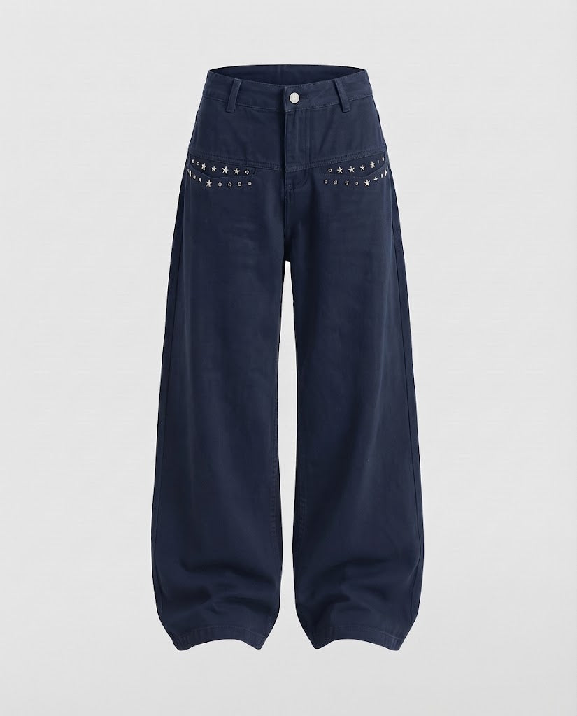 Ladies Extra Wide Palazzo Pants made of Canvas with Decorative Rivets on the Front Pockets Mune Fashion