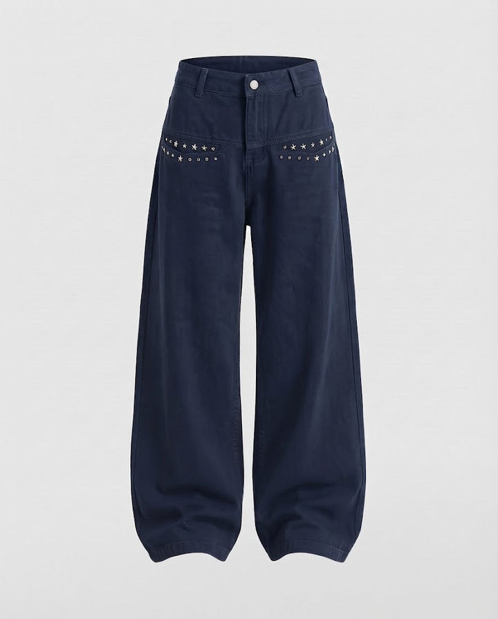 Ladies Extra Wide Palazzo Pants made of Canvas with Decorative Rivets on the Front Pockets Mune Fashion
