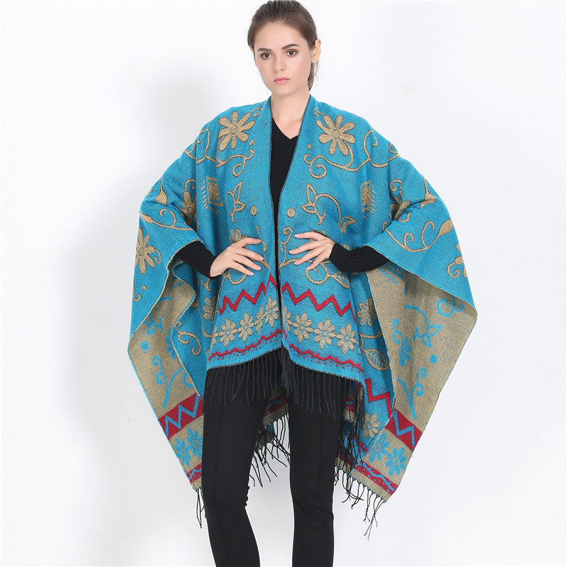 Women's Wrap Ruana with Floral Jacquard Weaving and Fringe Hem Mune Fashion