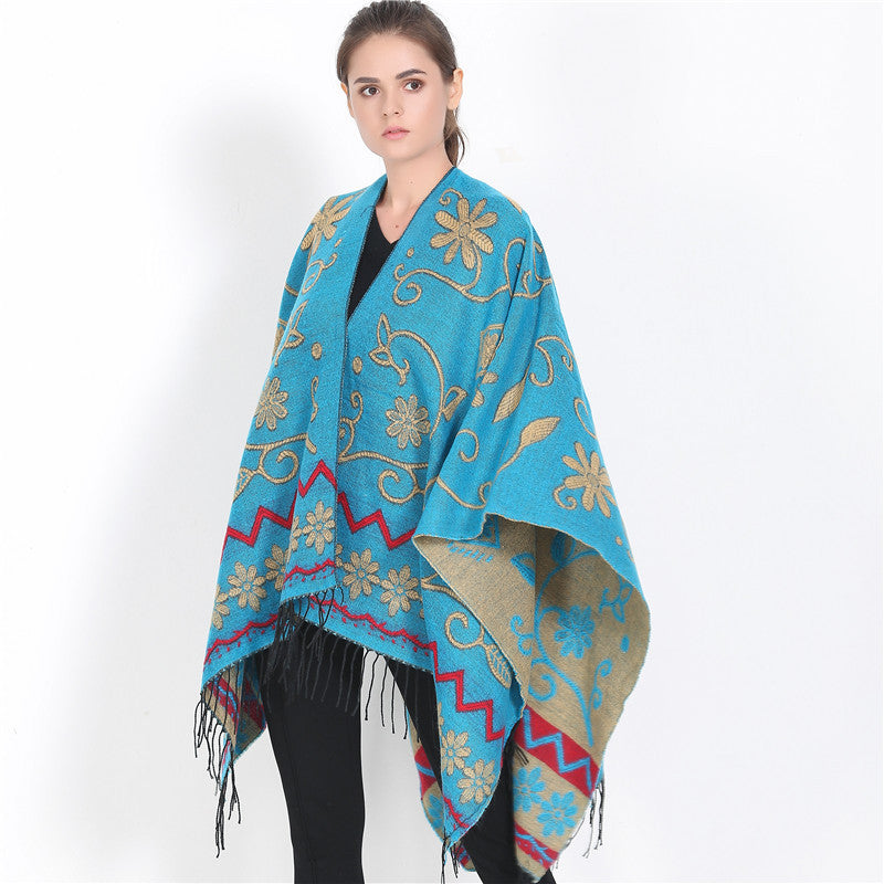 Women's Wrap Ruana with Floral Jacquard Weaving and Fringe Hem Mune Fashion