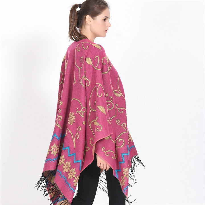 Women's Wrap Ruana with Floral Jacquard Weaving and Fringe Hem Mune Fashion