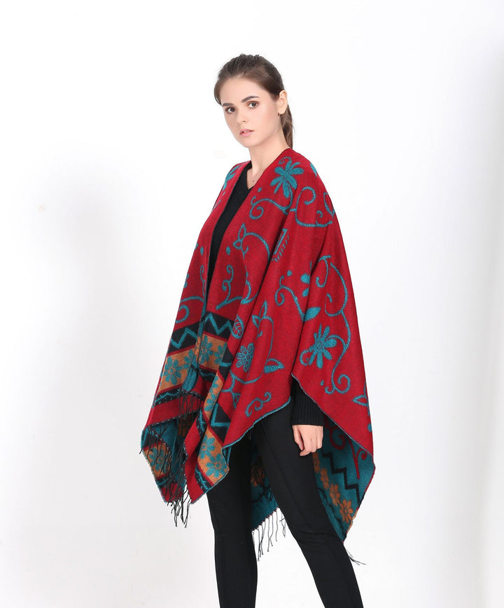 Women's Wrap Ruana with Floral Jacquard Weaving and Fringe Hem Mune Fashion