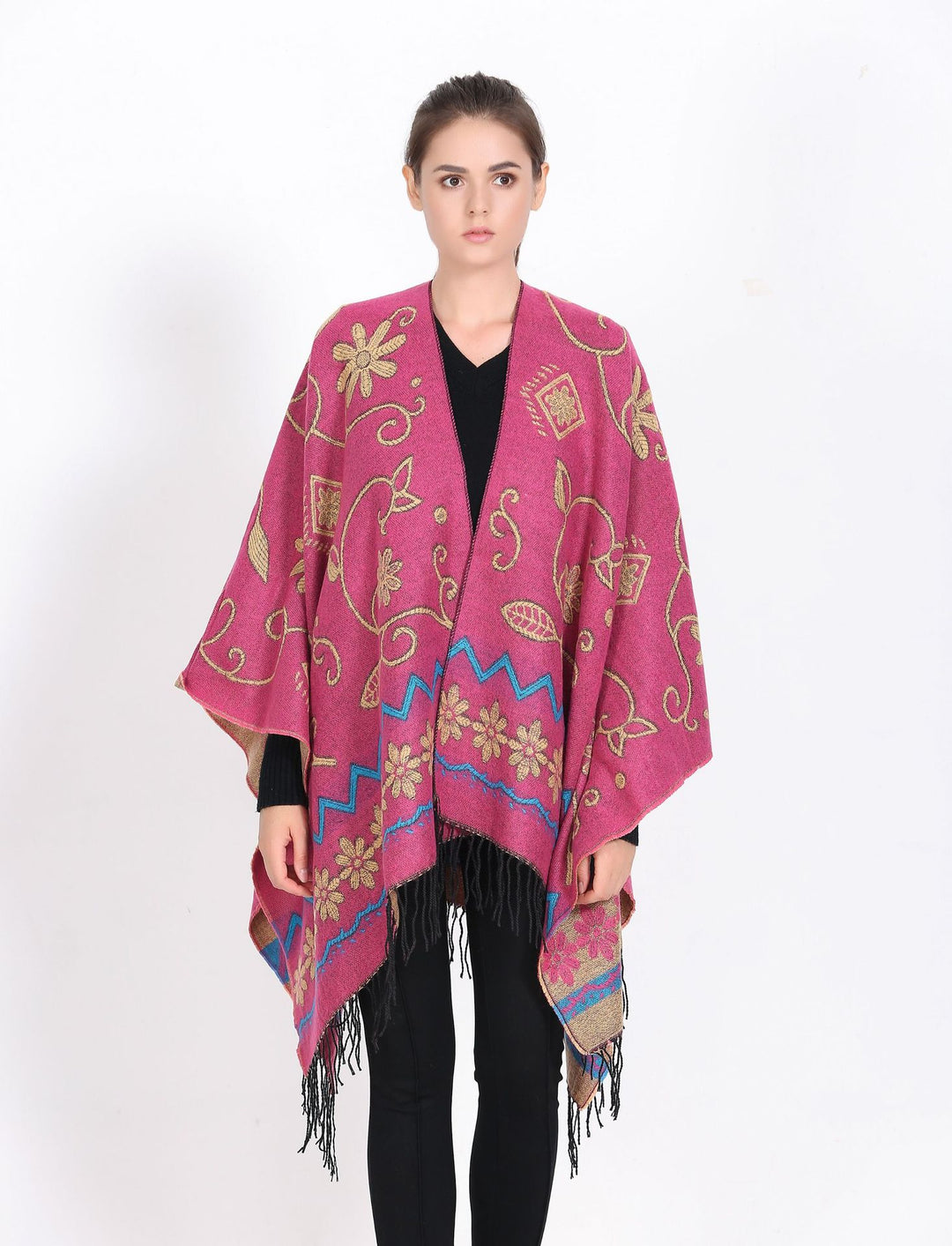 Women's Wrap Ruana with Floral Jacquard Weaving and Fringe Hem Mune Fashion