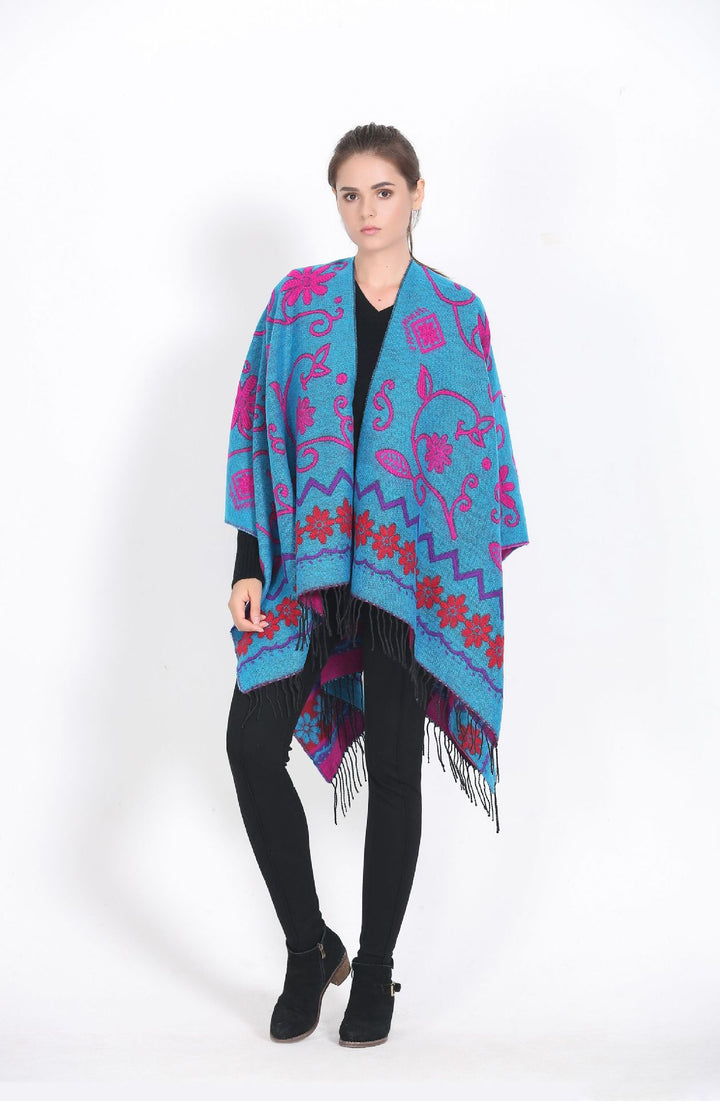 Women's Wrap Ruana with Floral Jacquard Weaving and Fringe Hem Mune Fashion