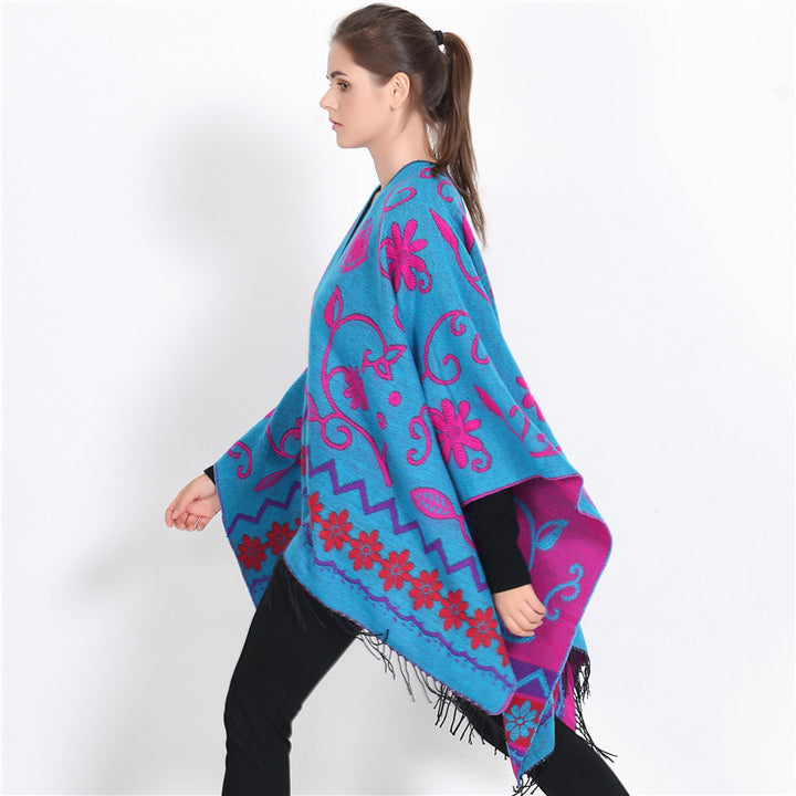 Women's Wrap Ruana with Floral Jacquard Weaving and Fringe Hem Mune Fashion