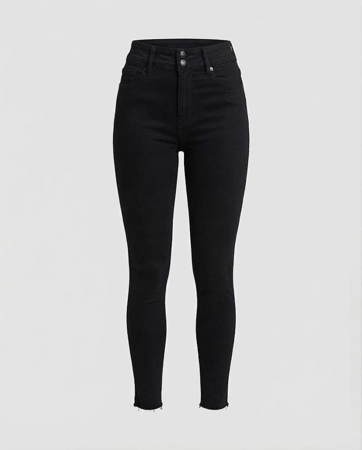 Ladies Highwaist Skinny Jeans with double button placket and raw hem Mune Fashion