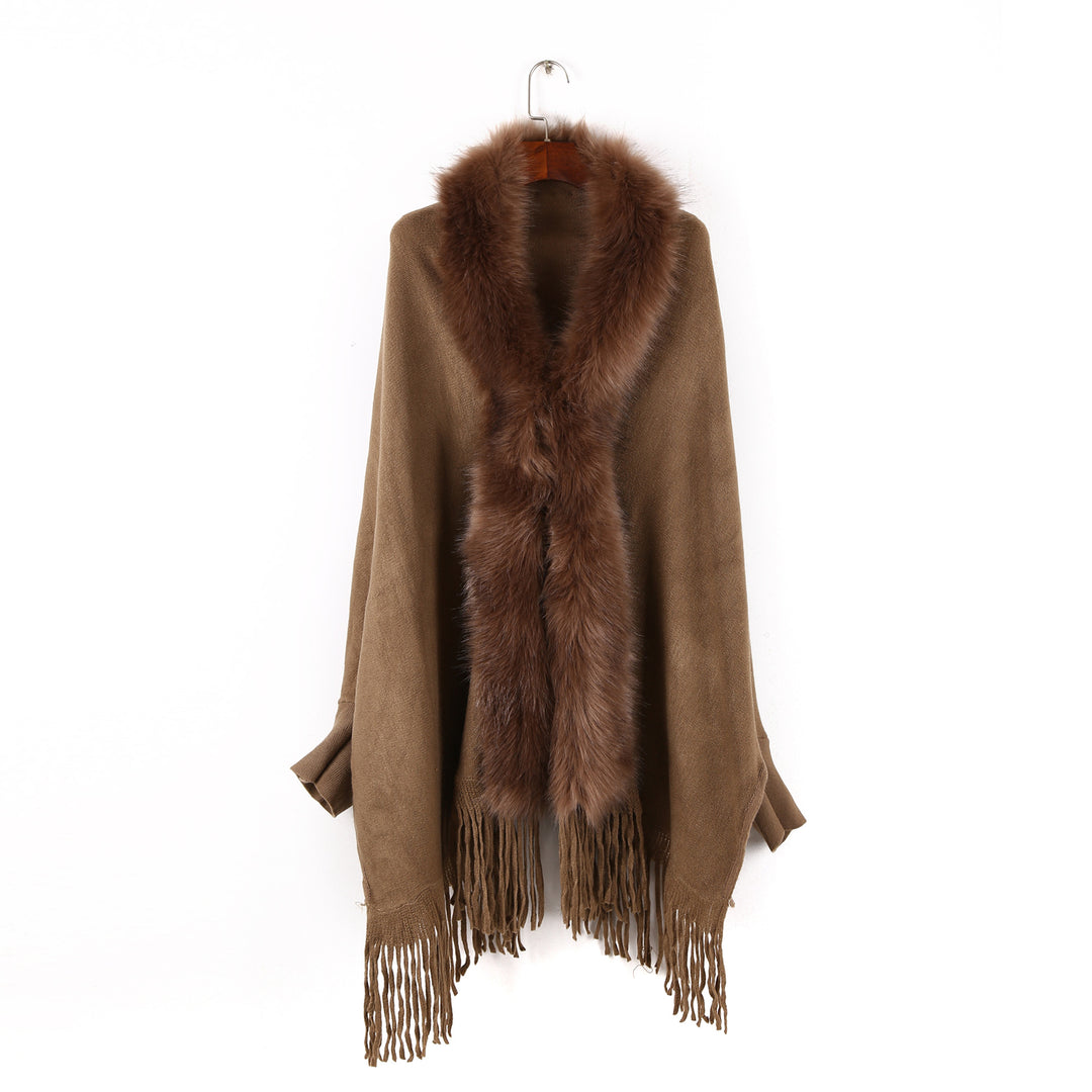 Women's poncho with faux fur collar and fringes Mune Fashion