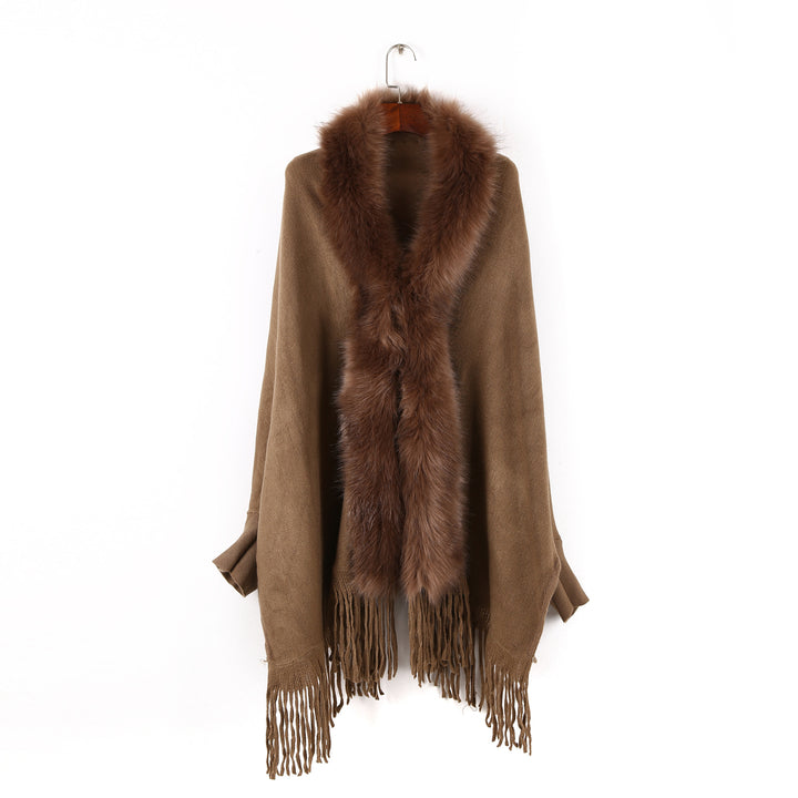 Women's poncho with faux fur collar and fringes Mune Fashion