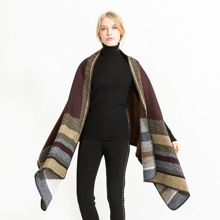 Women's Soft Jacquard Ruana Throw with Ethno Border and Open Oversized Fall Mune Fashion