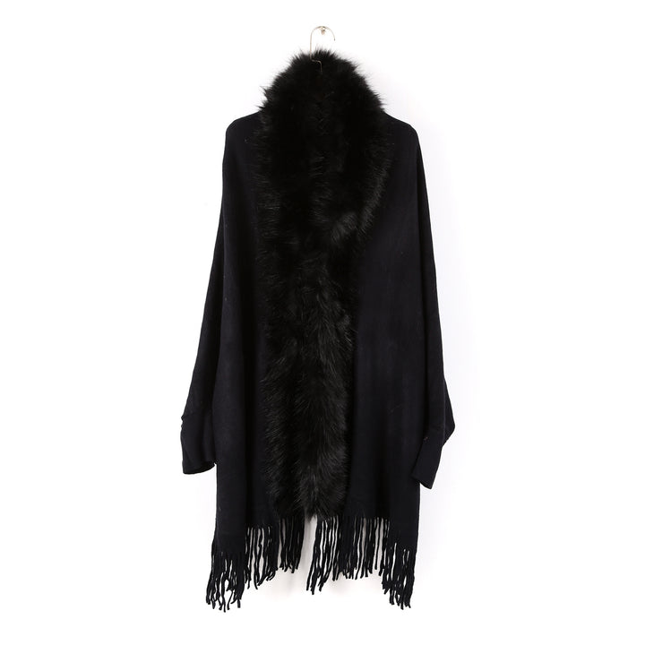 Women's poncho with faux fur collar and fringes Mune Fashion