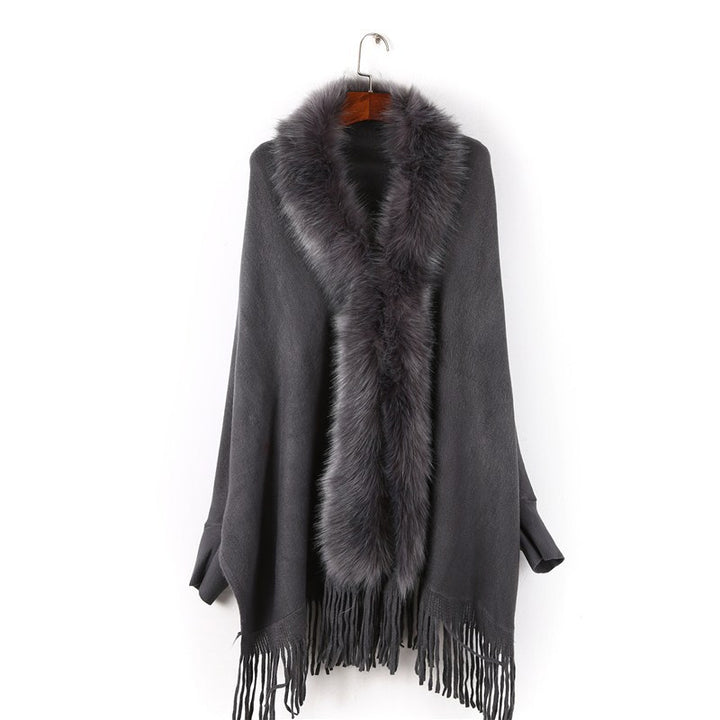 Women's poncho with faux fur collar and fringes Mune Fashion