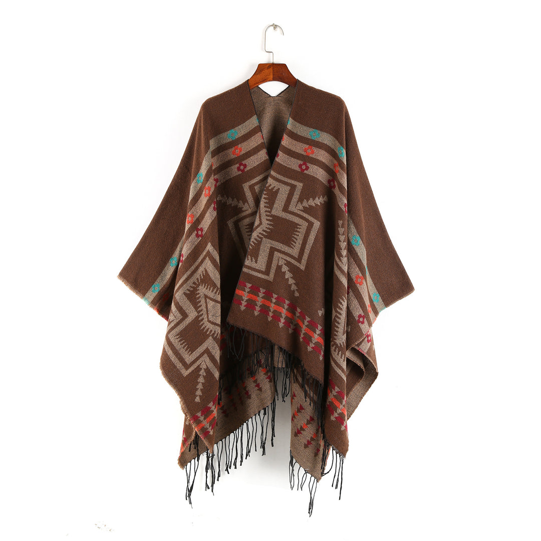 Women's Oversize Poncho in Ruana Style with Ethno Jacquard and Fringed Hem Mune Fashion
