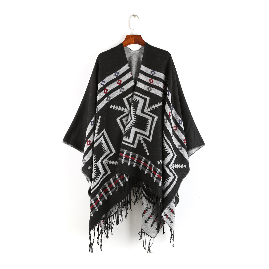 Women's Oversize Poncho in Ruana Style with Ethno Jacquard and Fringed Hem Mune Fashion