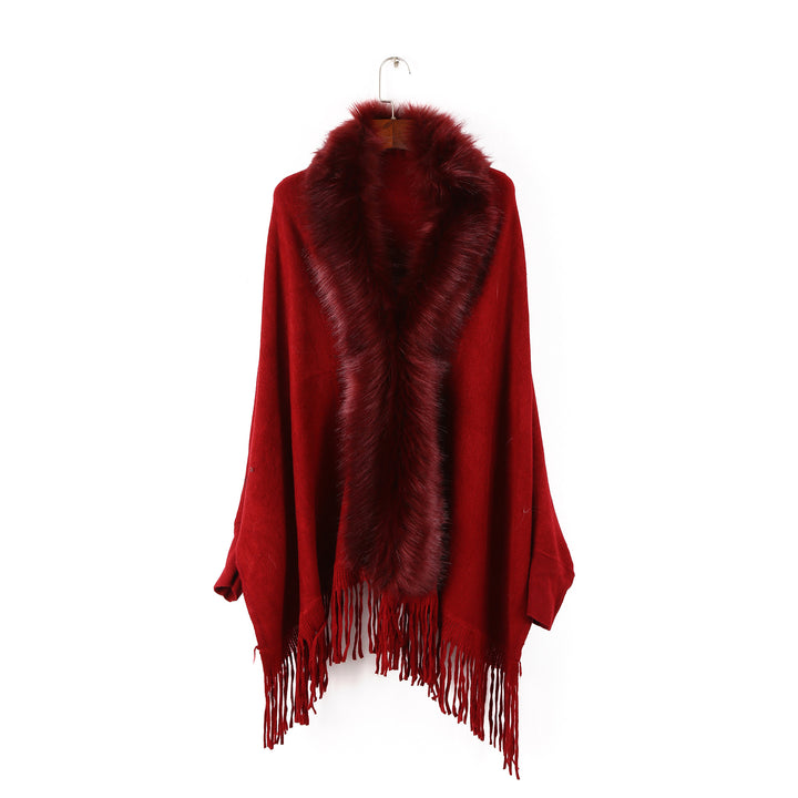 Women's poncho with faux fur collar and fringes Mune Fashion