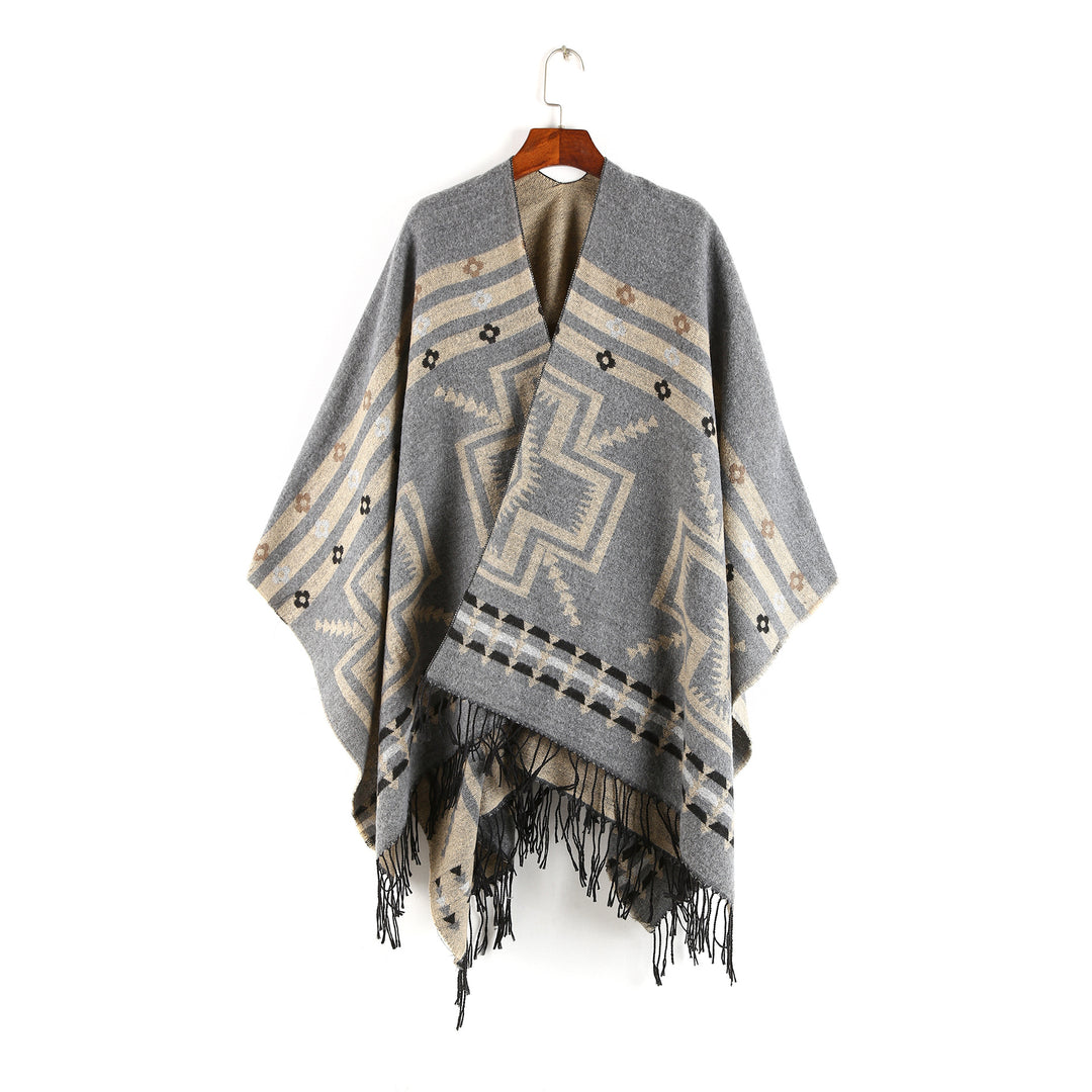 Women's Oversize Poncho in Ruana Style with Ethno Jacquard and Fringed Hem Mune Fashion