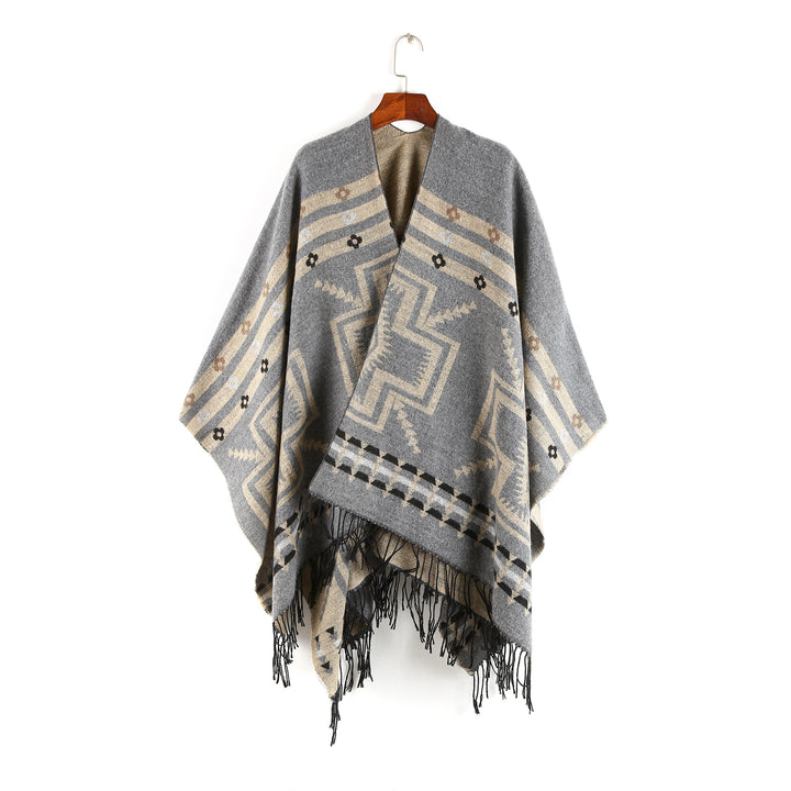 Women's Oversize Poncho in Ruana Style with Ethno Jacquard and Fringed Hem Mune Fashion
