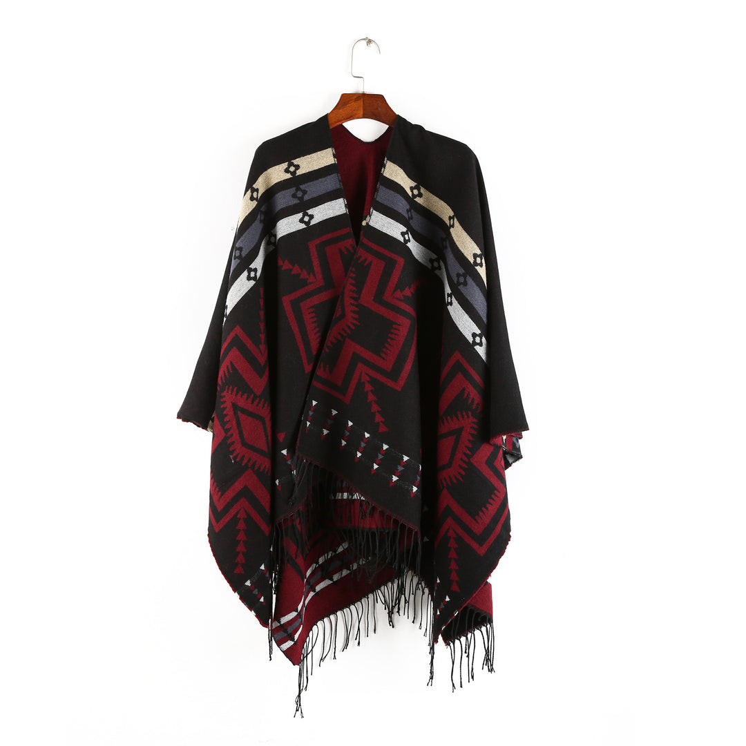 Women's Oversize Poncho in Ruana Style with Ethno Jacquard and Fringed Hem Mune Fashion