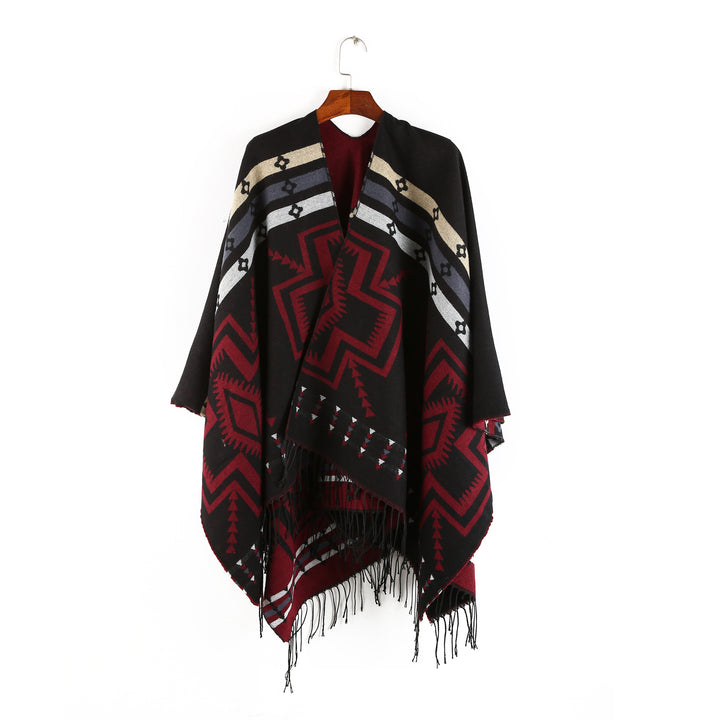 Women's Oversize Poncho in Ruana Style with Ethno Jacquard and Fringed Hem Mune Fashion