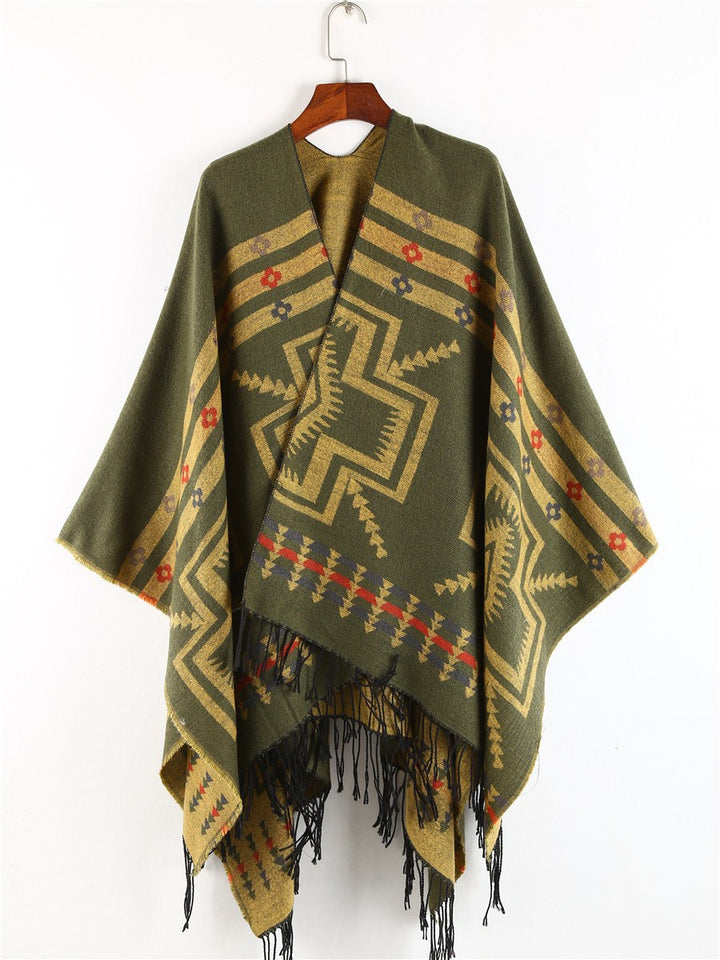 Women's Oversize Poncho in Ruana Style with Ethno Jacquard and Fringed Hem Mune Fashion