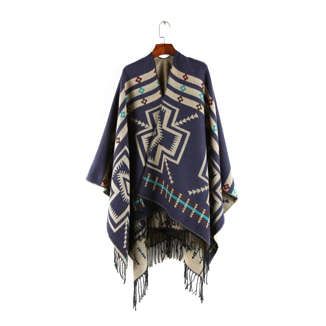 Women's Oversize Poncho in Ruana Style with Ethno Jacquard and Fringed Hem Mune Fashion