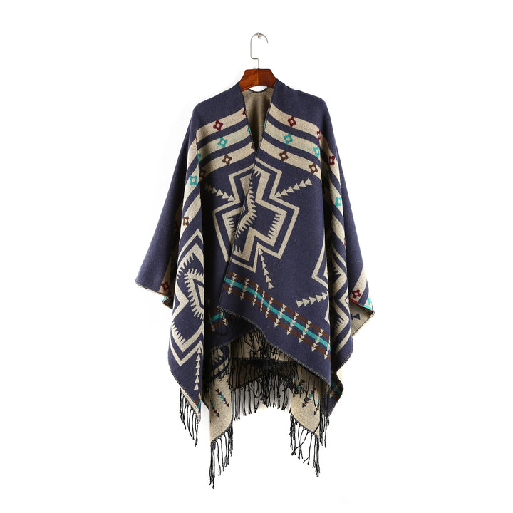 Women's Oversize Poncho in Ruana Style with Ethno Jacquard and Fringed Hem Mune Fashion
