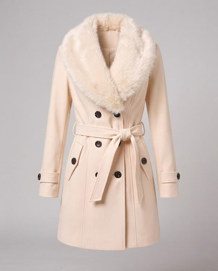 Women's Tailored Wool Blend Coat with Removable Faux Fur Collar Mune Fashion