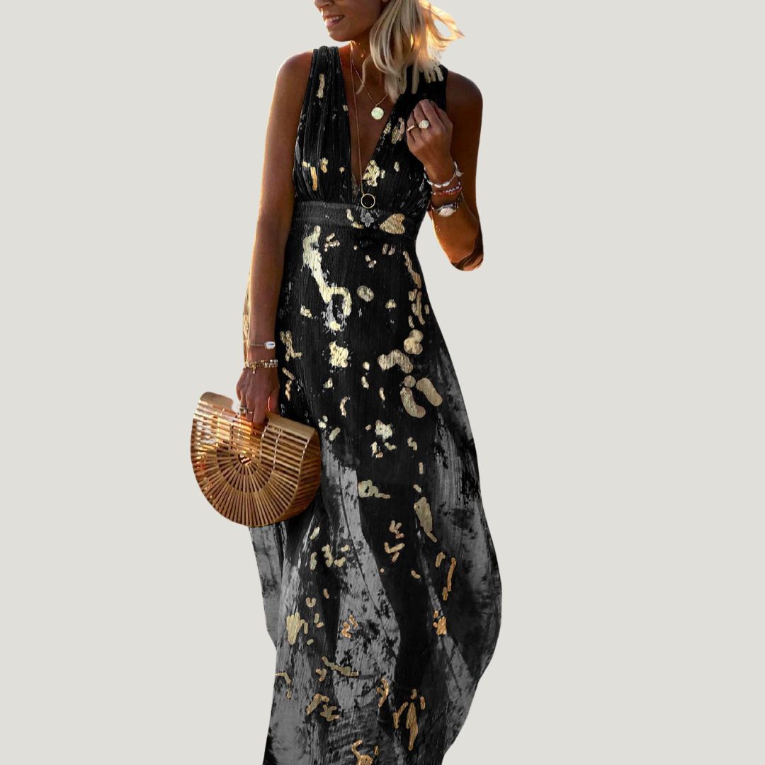 Flowing dress with V-neck and sequin embellishment