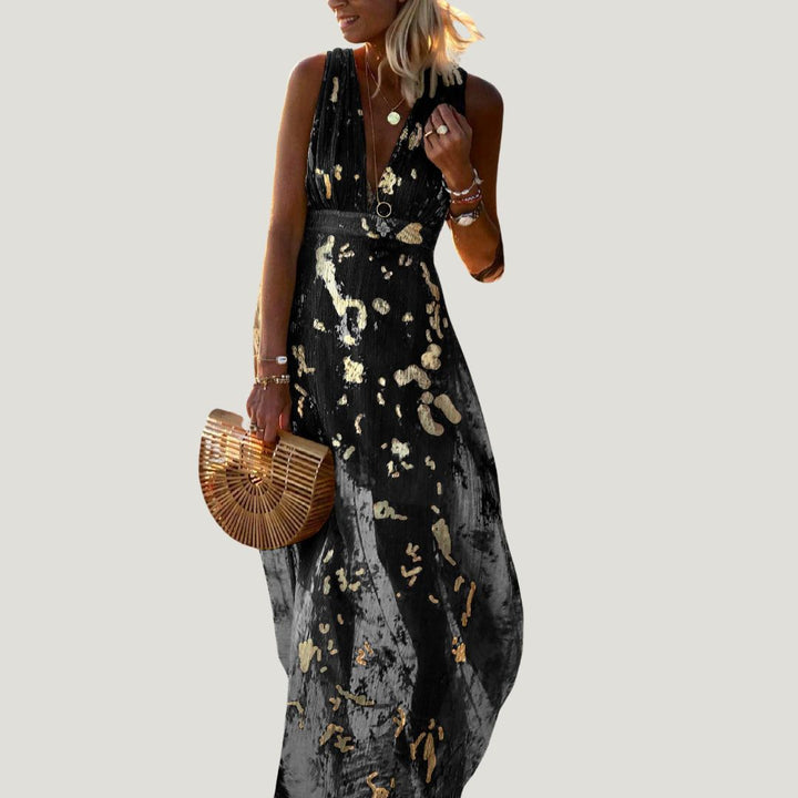 Flowing dress with V-neck and sequin embellishment
