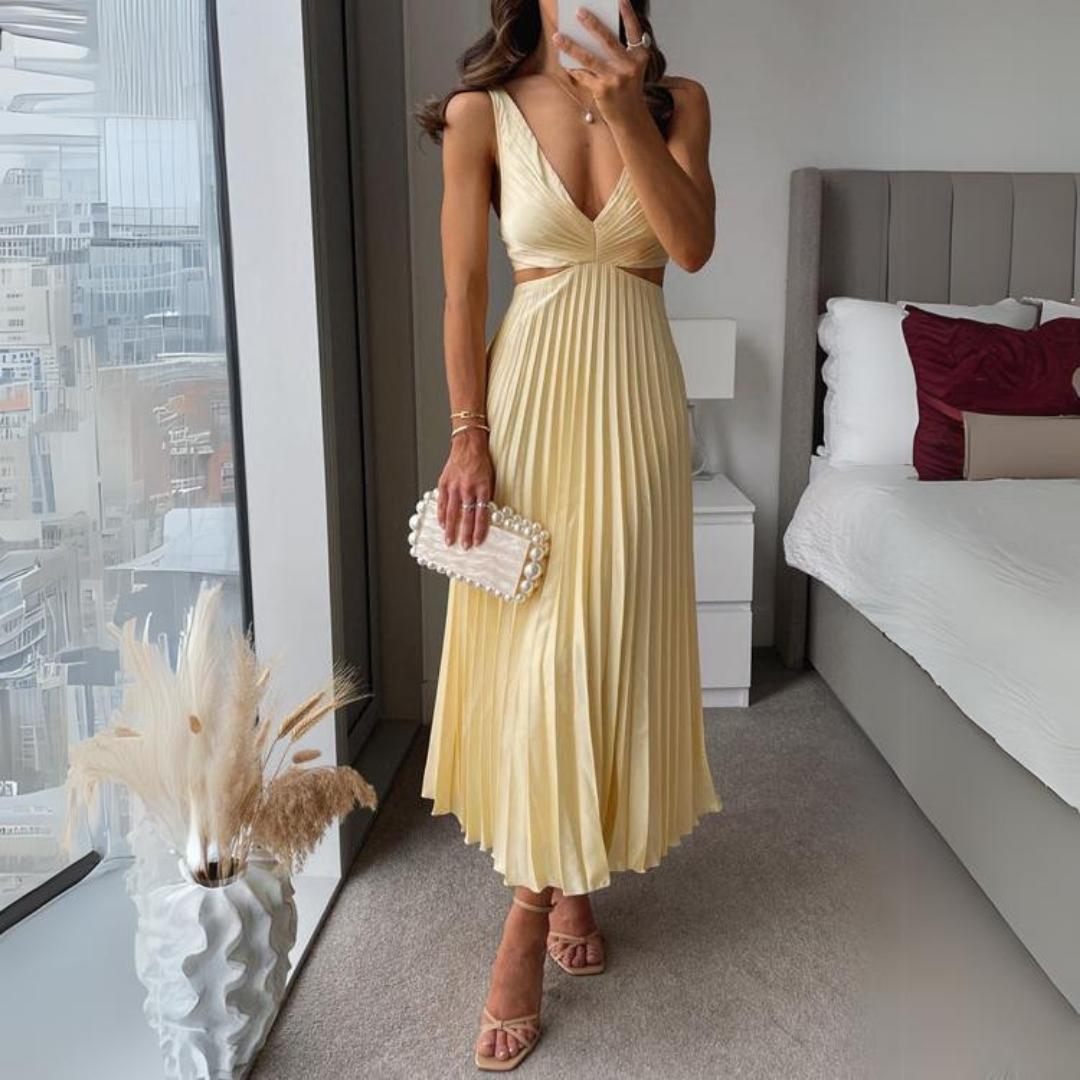 Mune Fashion | Midi Dress Sleeveless V-Neck Twist Front & Cut Out Detail Pleated Skirt