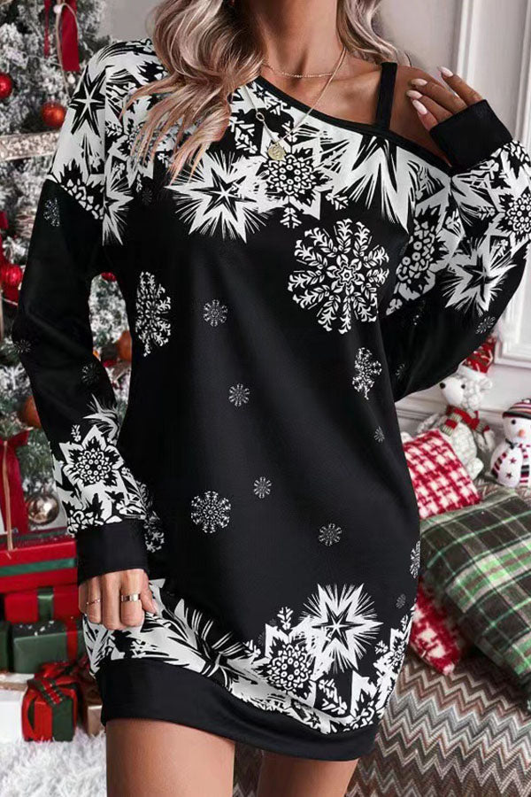 Mune | Christmas Snowflake Cold Shoulder Loose Sweatshirt Mini Dress