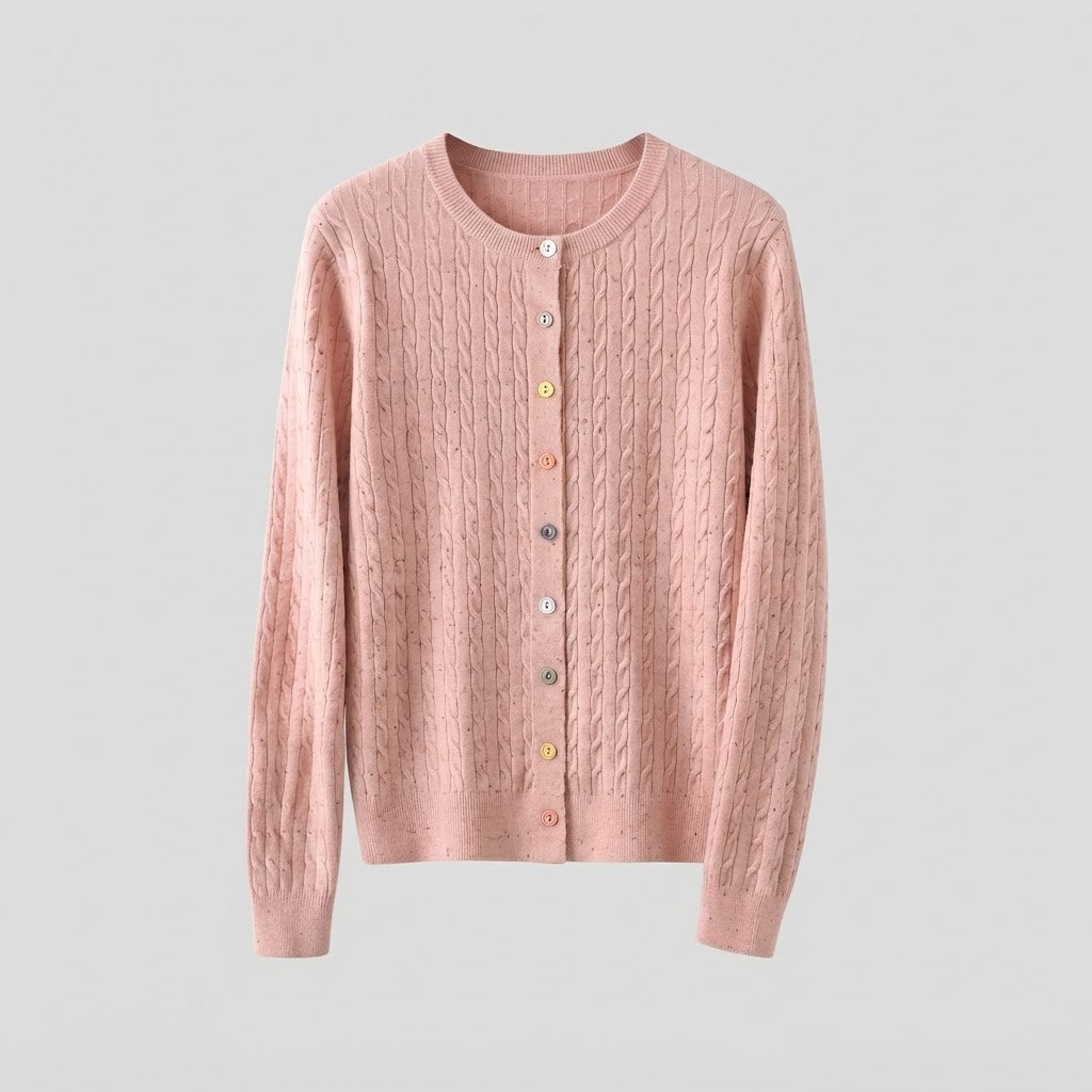 Women's fine knit cardigan with cable pattern and colorful buttons Mune Fashion