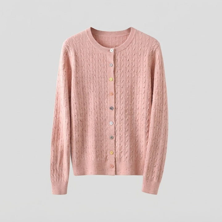 Women's fine knit cardigan with cable pattern and colorful buttons Mune Fashion