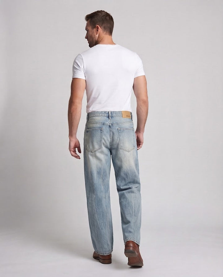 Men's Extra Wide Palazzo Denim Jeans with Low Rise, Distressed Knees and Vintage Wash Mune Fashion