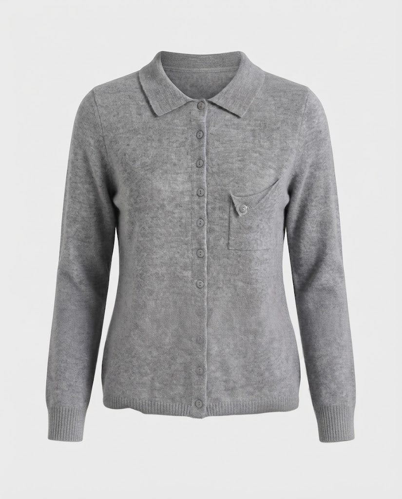Women's fine-knit cardigan with polo collar, 3/4 sleeves and discreet chest pocket Mune Fashion