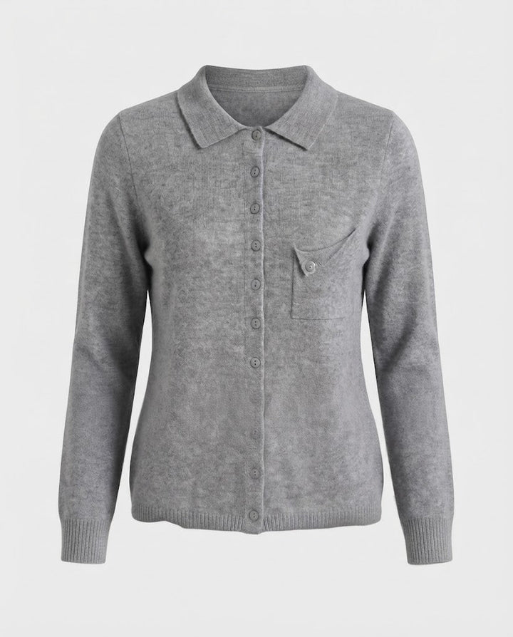 Women's fine-knit cardigan with polo collar, 3/4 sleeves and discreet chest pocket Mune Fashion