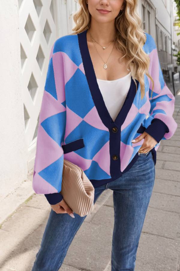 Mune | Neck Diamond Stitch Contrast Color Loose Knit Cardigan Jacket for Women