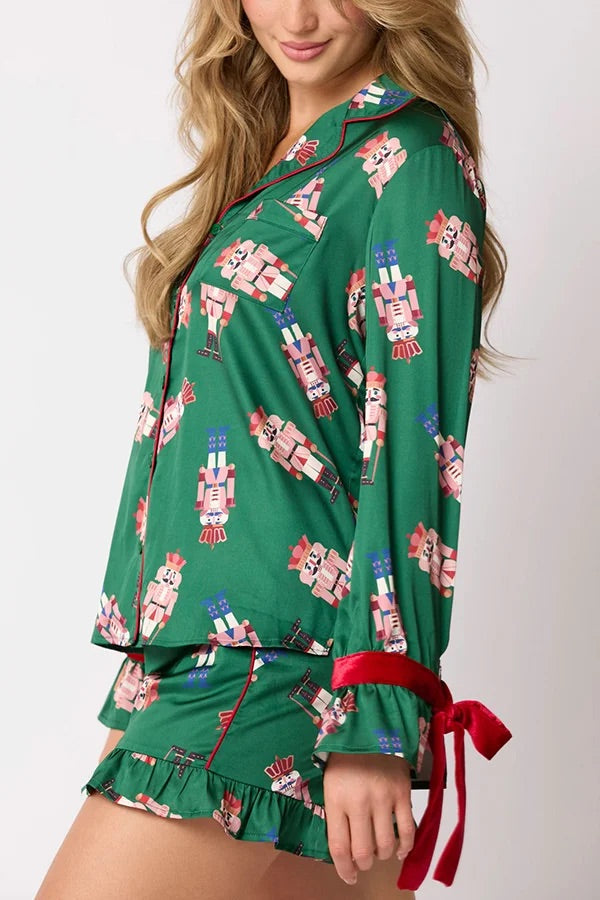 Mune | Christmas Fashion Printed Bow Top and Elastic Waist Ruffle Shorts Set