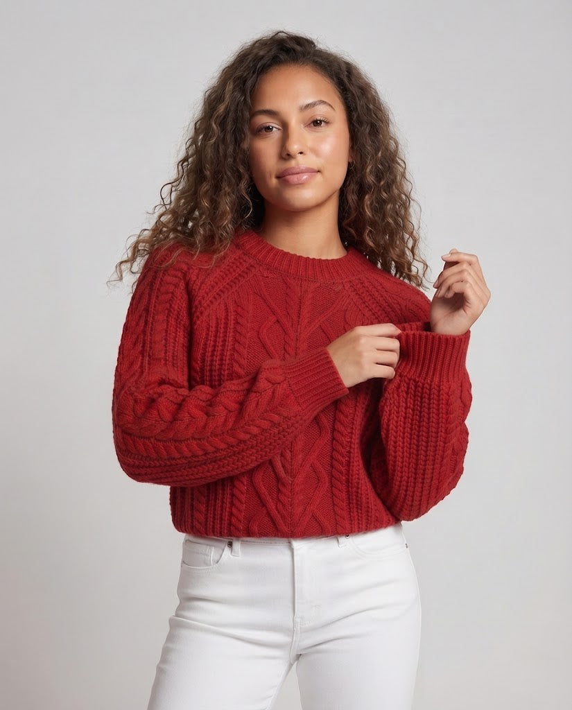 Women's Boxy Sweater with Cable Structure, Openwork Insert and Soft Pile Mune Fashion