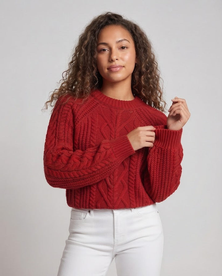 Women's Boxy Sweater with Cable Structure, Openwork Insert and Soft Pile Mune Fashion