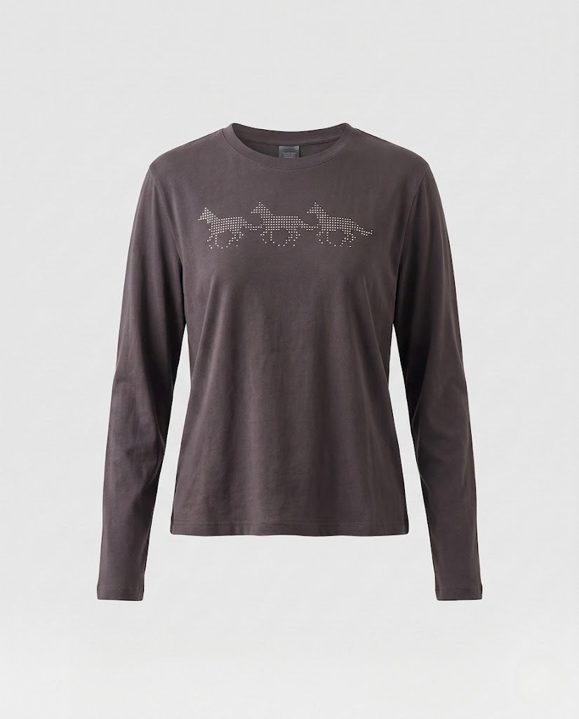 Women's fine long-sleeve shirt made of cotton jersey with rhinestone horse motif and flared thumb hole sleeves Mune Fashion