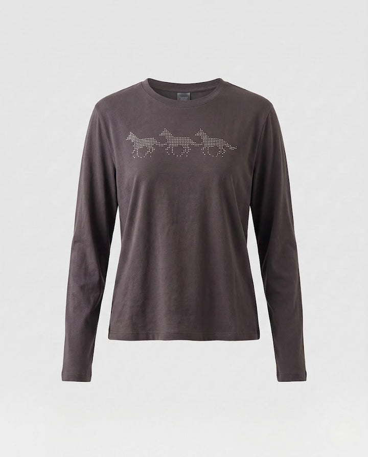 Women's fine long-sleeve shirt made of cotton jersey with rhinestone horse motif and flared thumb hole sleeves Mune Fashion