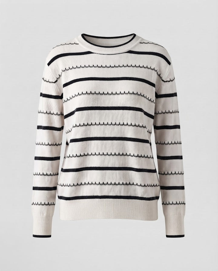 Women's Striped Fine Knit Sweater with Decorative Stitch and Round Neckline Mune Fashion