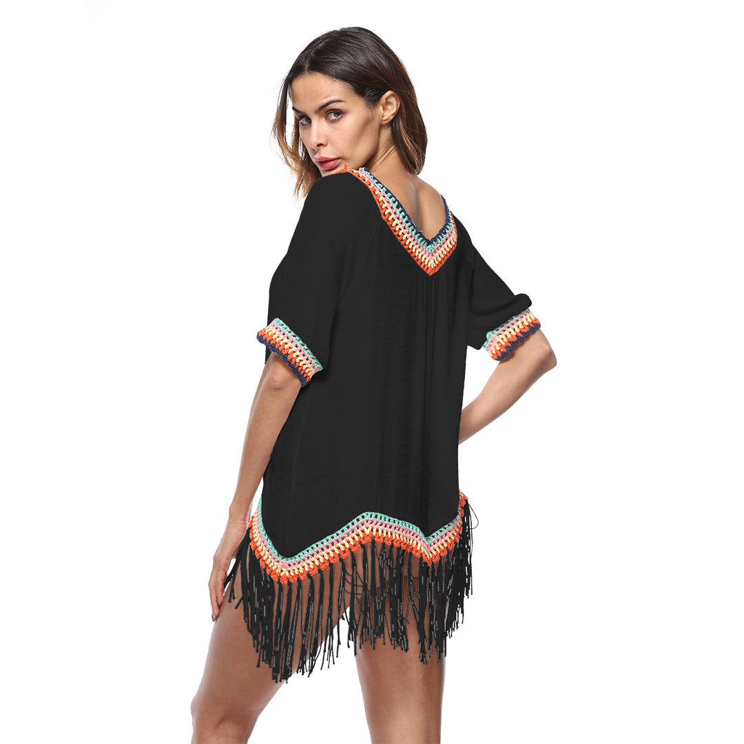 Women's trendy beach cover-up with frayed hem and colorful crochet trim Mune Fashion