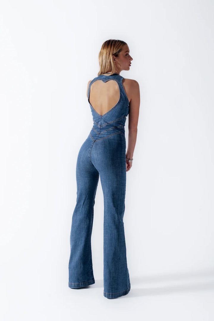 Mune | Denim jumpsuit for women, cutout on the back with heart-shaped cutout, sleeveless, fitted, jumpsuit